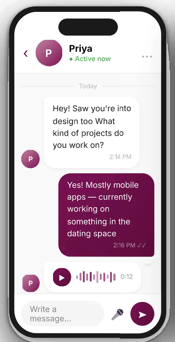 Chat with Priya: text bubbles and a voice message with a waveform