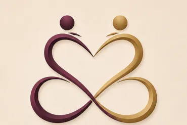 Two Hearts, One Bond: two flowing heart forms overlapping, plum and gold