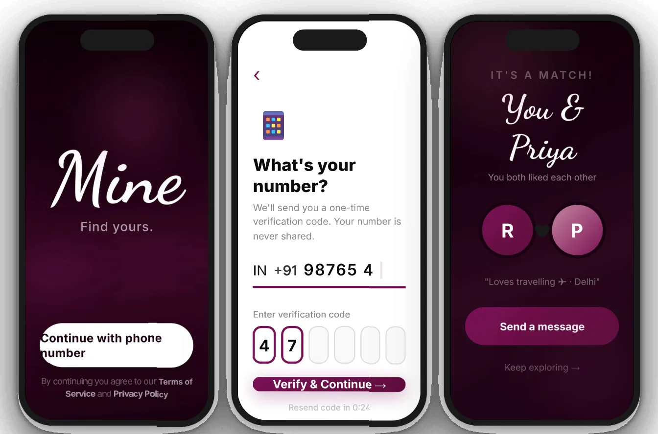 Three Mine screens: the splash screen, phone-number verification and the match celebration