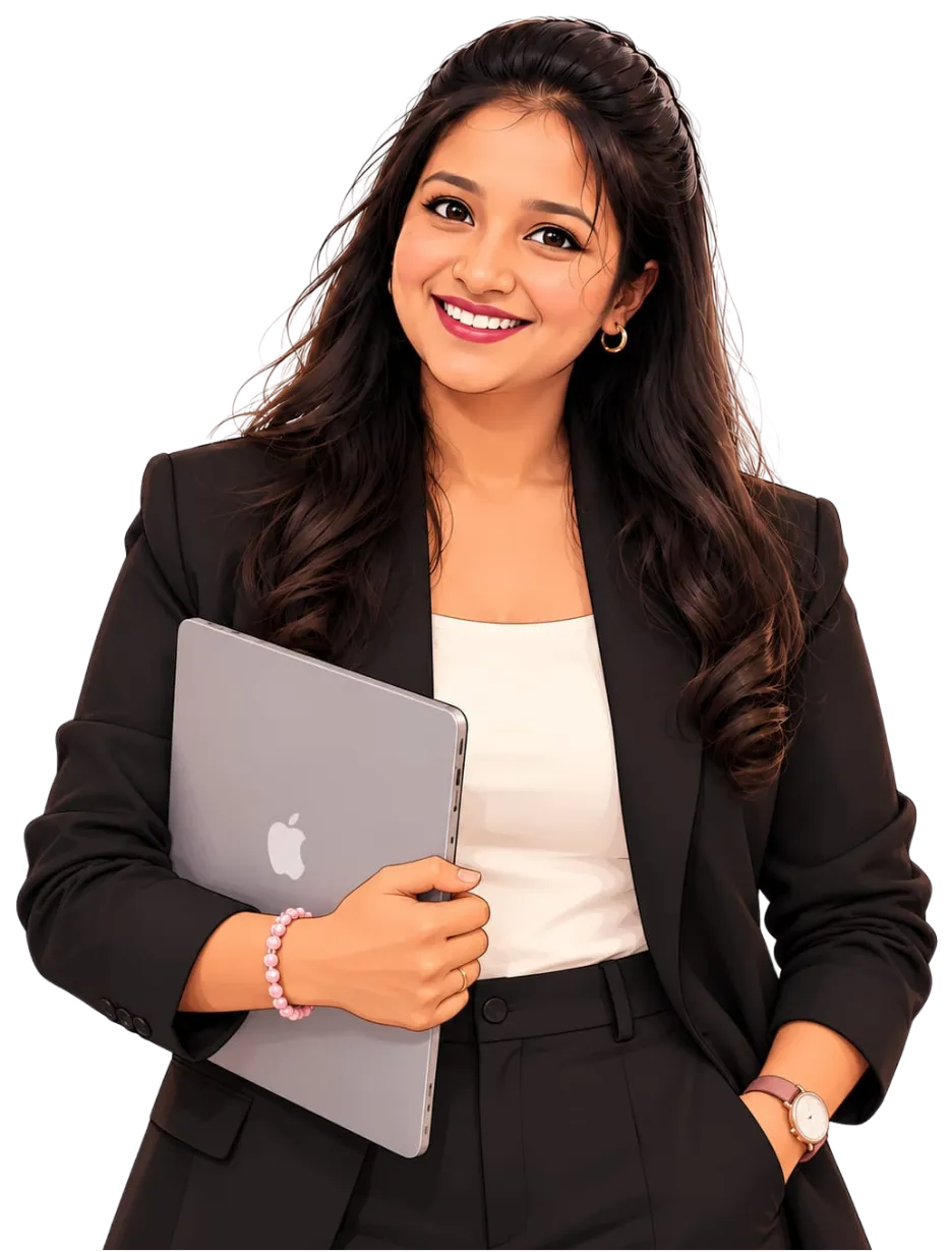 Illustration of Ramankita smiling, holding a laptop