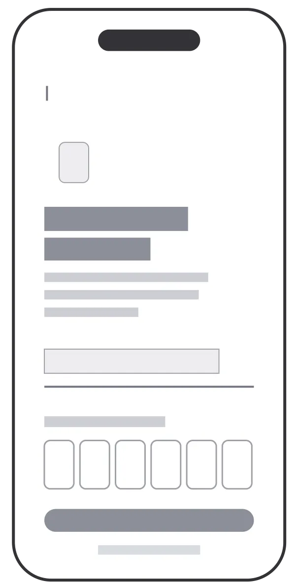 Structure view of the phone verification screen: heading, input, six code boxes and a button