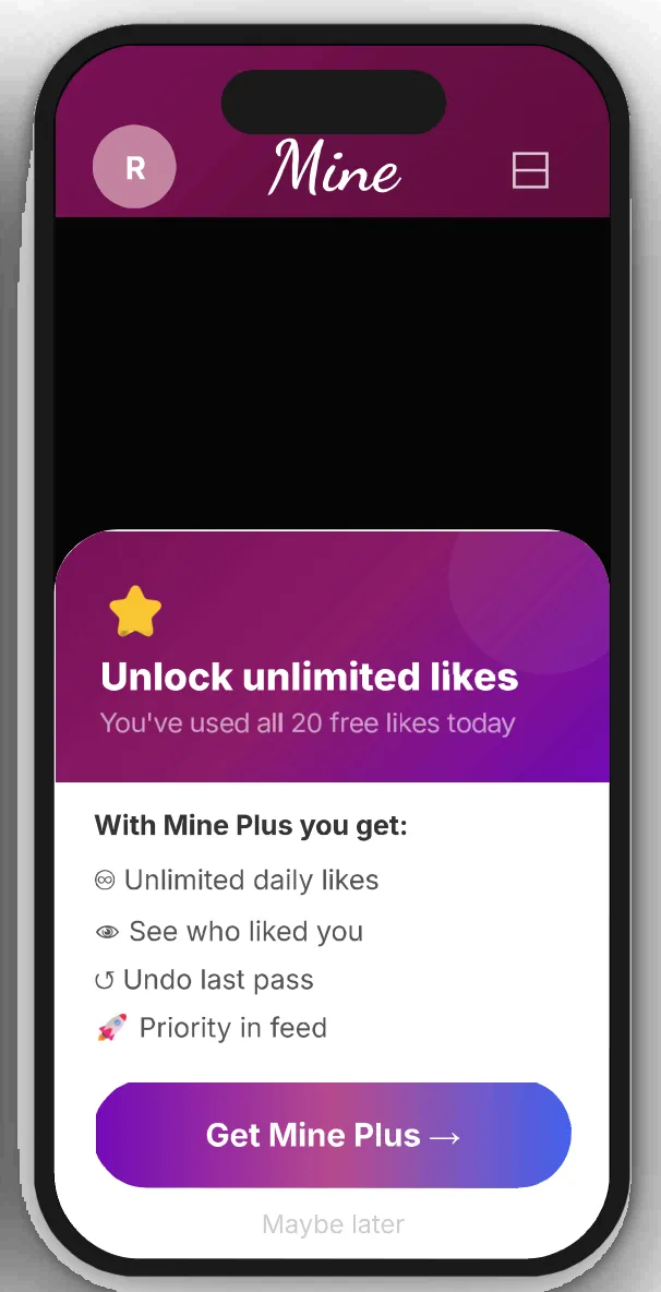 Daily-limit upsell sheet: “Unlock unlimited likes” with a Maybe later option